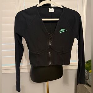 Nike Black Long Sleeve Zip-Up Crop Top with Mint Swoosh